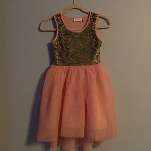 Pink Dress with shimmer top. Layered tool.